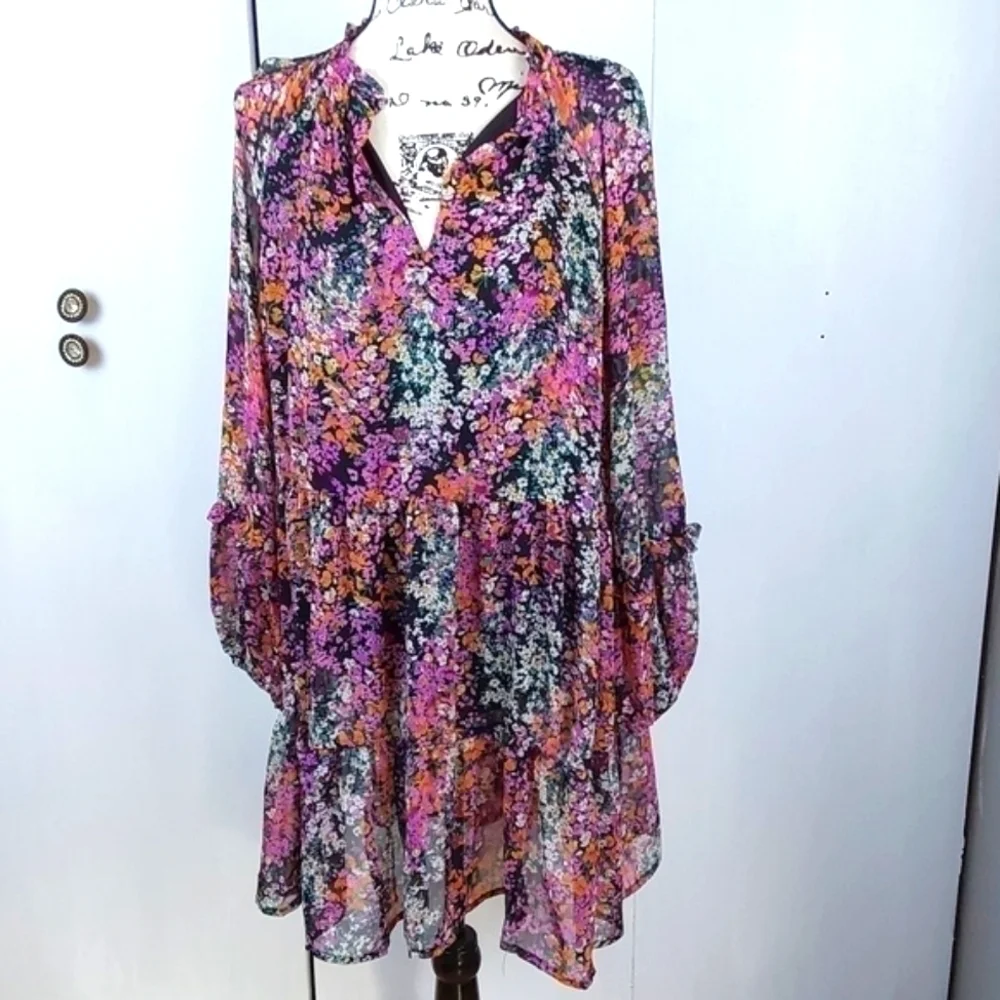 Vince Camuto|  Womens Black Multi-Colored Ditzy  Floral Babydoll Midi Dress XL - Picture 2 of 11